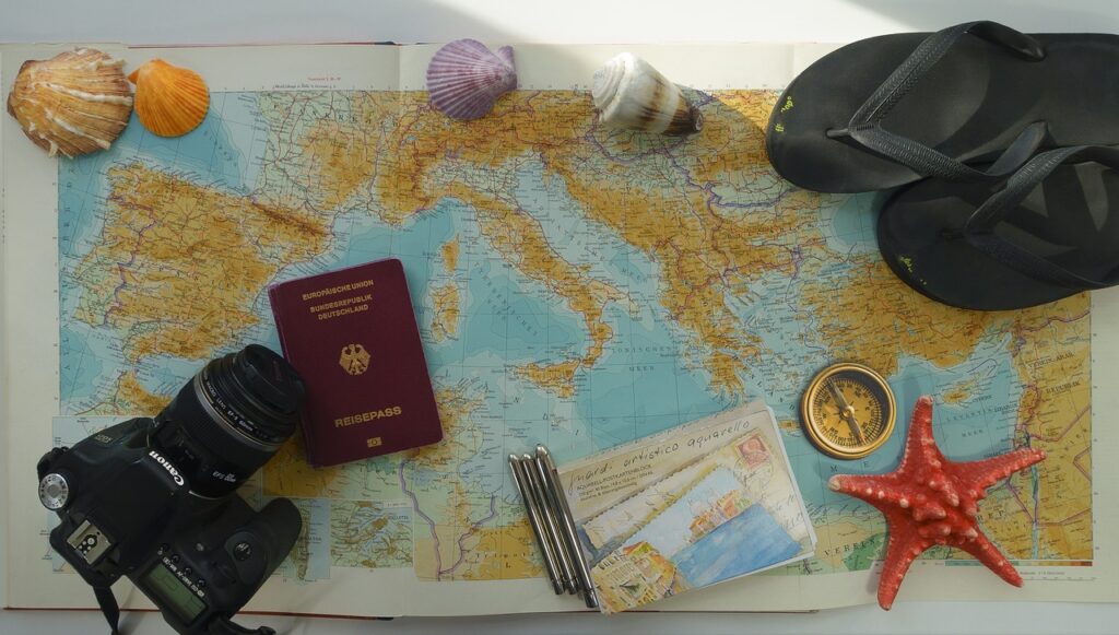 travel, preparation, map of europe, mediterranean, north africa, east middle, turkey, background, fund, vacations, passport, camera, shellfish, starfish, compass, flip-flop, watercolor block, travel brush, summer